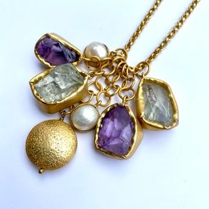 Pre-loved long gold color chain with quartz crystals.